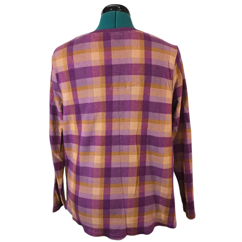 Terra & Sky Plus Size 1X Purple‎ Orange Plaid Waffle Knit Henley Top